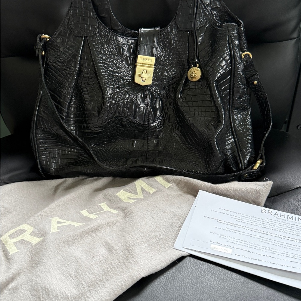 Brahmin Melbourne Black Shoulder Bag with Embossed Leather